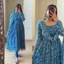 Royal Blue floral anarkali gown dupatta set